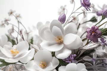 Obraz na płótnie Canvas 3D digital flowers and plants on white, for interior decoration. Generative AI