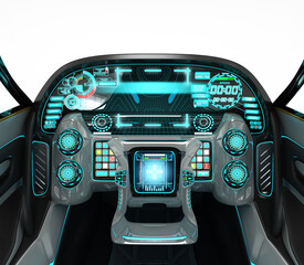 3D illustration of the interior of an autonomous car. Driving assistance system. Flying quadcopter cab for city use.