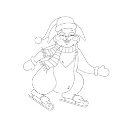 Cute bunny for coloring book. Christmas rabbit in Santa hat on skates. Black and white coloring page. Isolated vector outline illustration. Children education.