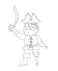 Ship sailor or old pirate with saber for coloring book. Piracy black and white coloring page. Isolated vector outline illustration. Children education.