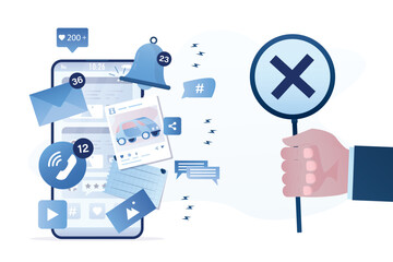 Social network fatigue, overcoming addiction. Big user hand with stop sign. Stop sharing and using media content. Various apps and notifications on phone screen. Dependence on gadgets.