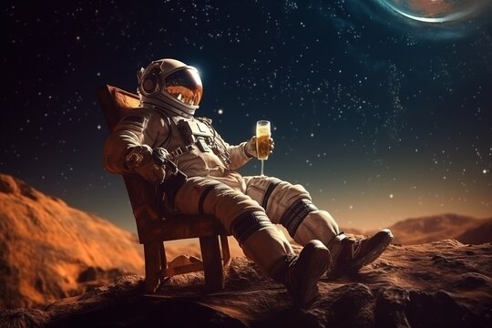 An astronaut sits on a chair and basks under the rays of a bright star while drinking wine on an alien planet, the concept of travel and lifestyle of an astronaut on another planet, generated ai