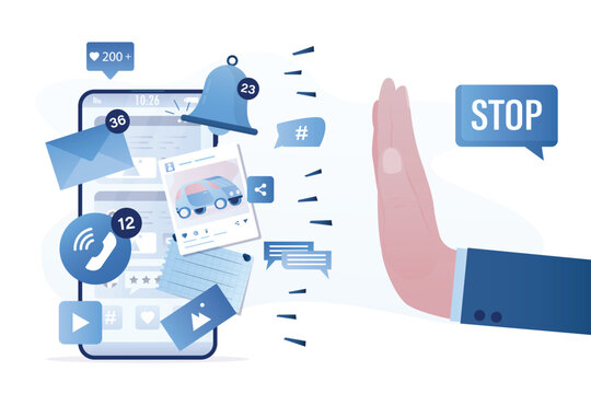 Social network fatigue, overcoming addiction. Big user hand in stop gesture. Stop sharing and using media content. Various apps and notifications on phone screen. Dependence on gadgets.