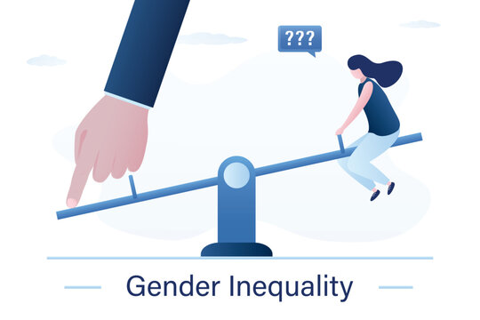 Gender inequality. Businessman hand tilts the swing to his side. Sexual inequality. Sexism, discrimination concept. Woman sitting on an unbalanced seesaw.