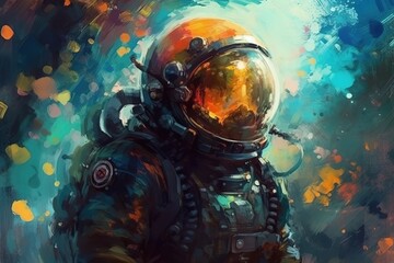 Beautiful painting of an astronaut in in a colorful bubbles galaxy on a different planet. oil painting. Generative AI.