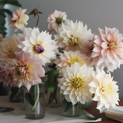 Ten White Flower Vases with Light Pink and Amber Dahlias, Capturing Soft Focus Portraits