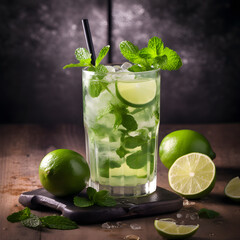 Lime Mojito on Wooden Table, Dark Silver and Light Green, Intricate Texture and Neo-Academism