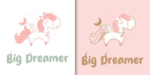 Cartoon illustration cute unicorn with text " Big Dreamer ". Vector illustration. Greeting card, fabric