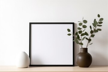 Obraz na płótnie Canvas Empty horizontal frame mockup in modern minimalist interior with plant in trendy vase on beige wall background. Template for artwork, painting, photo or poster. Generative AI
