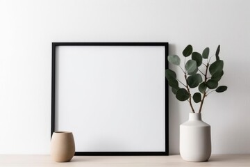 Empty horizontal frame mockup in modern minimalist interior with plant in trendy vase on beige wall background. Template for artwork, painting, photo or poster. Generative AI