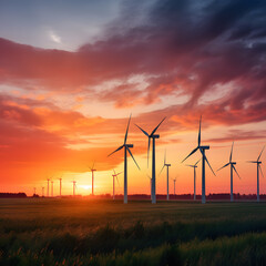 Wind Turbines at Sunset in Field: Light Red & Dark Emerald Style, Bright & Bold Color Palette Generative AI