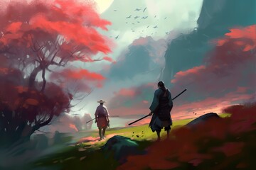 Naklejka na ściany i meble Illustration of A young samurai training with a mentor in the garden, Generative AI