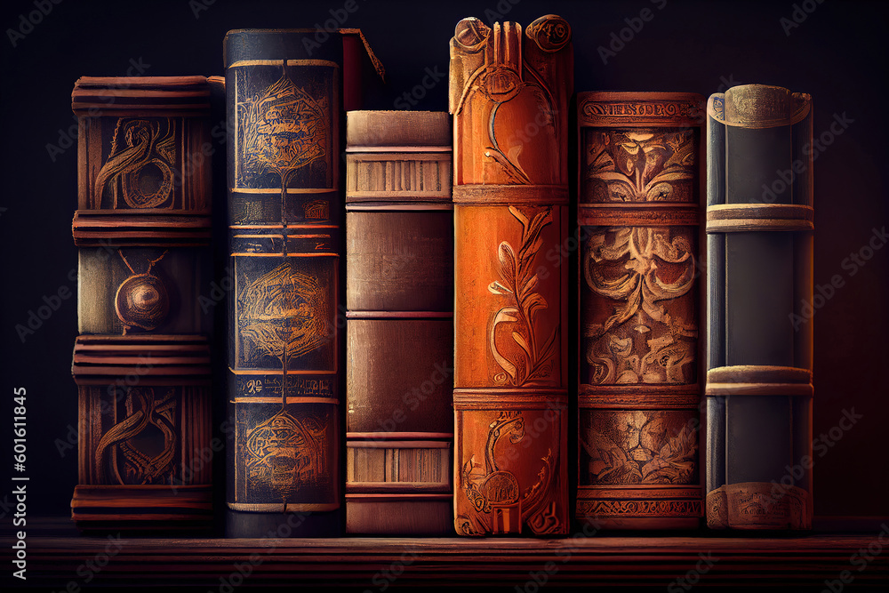 Poster a stack of many books on a shelf in a bookstor. generative ai