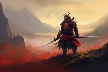 Illustration of  A fully armed Samurai standing on the hill, Generative AI