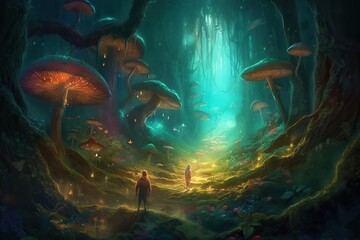 Illustration of A magical forest filled with glowing mushrooms and faeries, Generative AI