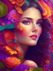 3D Colorful Illustration of Beautiful Woman, Floral Frame, Magical Modern Bright Shiny Colour Make-Up, Generative AI