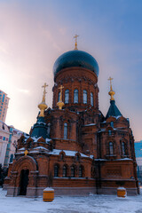 Obraz premium Vertical image of the Saint Sophia Cathedral, located in Sophia Square, Daoli District, Harbin, Heilongjiang Province, China, is a Byzantine style Orthodox church