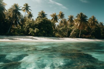 Fototapeta na wymiar An awe-inspiring island getaway featuring palm trees, sharks and other marine wildlife, and tropical vibes. Generative AI