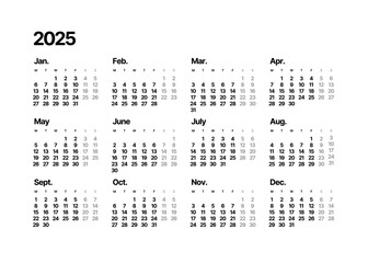 Annual calendar template for 2025 year. Week Starts on Monday. Business calendar in a minimalist style for 2025 year.