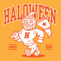 Pumpkin Head Halloween Mascot Character Design in Sport Vintage Athletic Style Vector Design