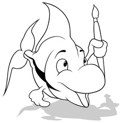 Drawing of a Cute Little Fish Holding a Brush in a Fin