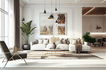 Interior design of modern Scandinavian apartment, living room with beige sofa. Generative Ai