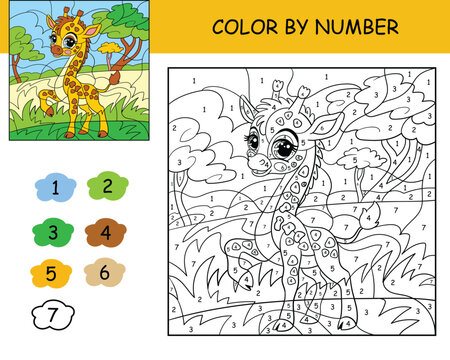 Kids coloring by number baby giraffe vector illustration