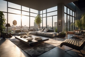Fototapeta na wymiar Contemporary living space in a luxurious penthouse with expansive windows. Generative AI
