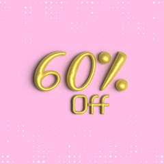 60% off, 3D shiny gold text 60 percent off isolated on pink background, 3D mega sale 60% offer, Sale offer price sign, Special offer symbol. Discount promotion. Discount, Editable vector illustration