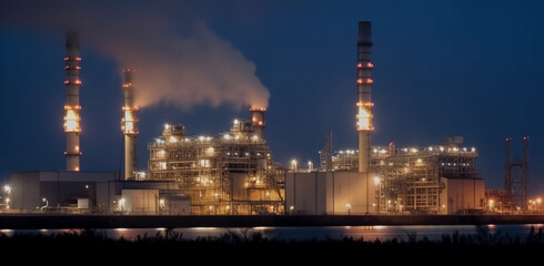 Gas turbine power plant with power at dusk. Generative AI