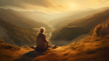 woman sits on the hill and looks down into the valley.
