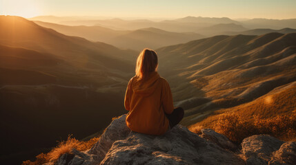 Fototapeta premium woman sits on the hill and looks down into the valley.