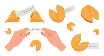 Set of delicious vanilla cookies with predictions and wishes in a cartoon style. Vector illustration of various crunchy and sweet fortune cookies in hands isolated on white background.