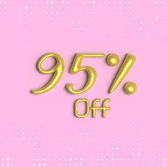 95% off, 3D shiny gold text 95 percent off isolated on pink background, 3D mega sale 95% offer, Sale offer price sign, Special offer symbol. Discount promotion. Discount, Editable vector illustration
