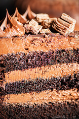 Deliciously moist Chocolate Mud Cake with whipped ganache, milk chocolate drip, and decoration.