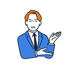 笑顔でサービスを紹介する若いビジネスマンのシンプルなベクターイラスト素材