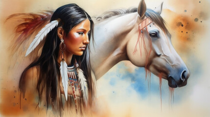 young indian woman and horse, generative ai.