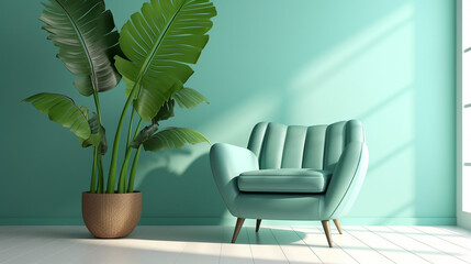 Turquoise blue retro mid century cushion armchair, tropical banana tree in concrete pot in sunlight on pastel green wall,