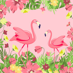 vector with a pair of flamingos on a pink background. illustration with flamingos and tropical leaves and flowers