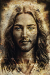 Fototapeta na wymiar Portrait of Jesus Christ, old structure Digital art,