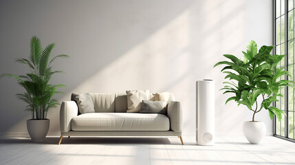 White modern design air purifier, dehumidifier in beige brown wall bedroom, grey cover sheet bed,