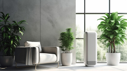 White modern design air purifier, dehumidifier in beige brown wall bedroom, grey cover sheet bed, tropical palm tree in sunlight 