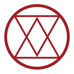 Geometric shapes in a circle. Symmetric lines to solve geometric problems.  Red color icon. Vector illustration.
