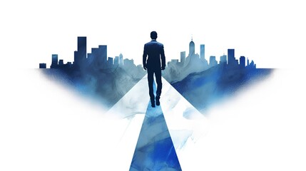 Illustration portrays a businessman walking a path symbolic of his vision, embodying the concept of success and goal achievement. The journey towards realizing business aspirations. Generative AI