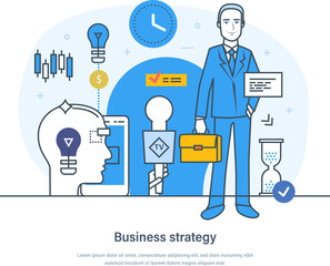 Business strategy plan of action to achieve vision and set objectives of organization. Strategic business planning process, data analytics, financial investment thin line design of vector doodles