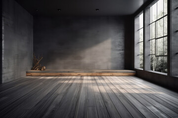A wooden floor, an empty wall, and slanting columns can be found in a gray interior. Concept for a presentation, generative AI