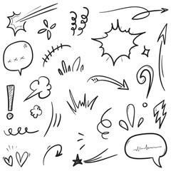 Fototapeta na wymiar Vector set of hand-drawn cartoony expression sign doodle, curve directional arrows, emoticon effects design elements, cartoon character emotion symbols, cute decorative brush stroke lines.
