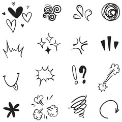 Vector set of hand-drawn cartoony expression sign doodle, curve directional arrows, emoticon effects design elements, cartoon character emotion symbols, cute decorative brush stroke lines.