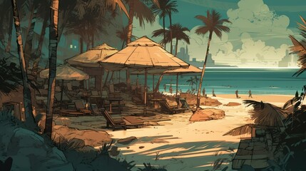 Tropical Beach with sunchairs and umbrellas, Concept Art, Digital Illustration, Generative AI