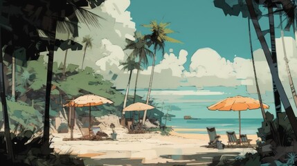 Naklejka premium Tropical Beach with sunchairs and umbrellas, Concept Art, Digital Illustration, Generative AI